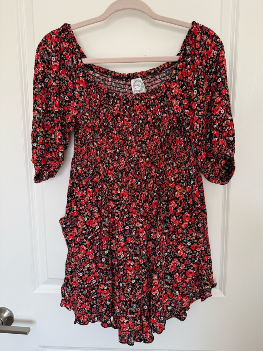 Blue Rain by Francesca's Rust Floral Smocked Romper With Pockets Size Medium